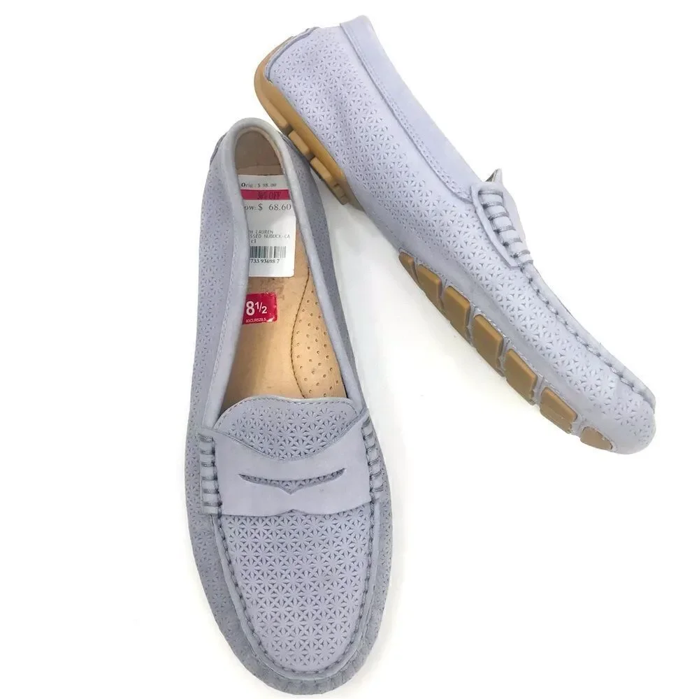 Lauren Ralph Lauren CAMILA Suede Leather Purple Gray Slip On Driving Loafers NEW